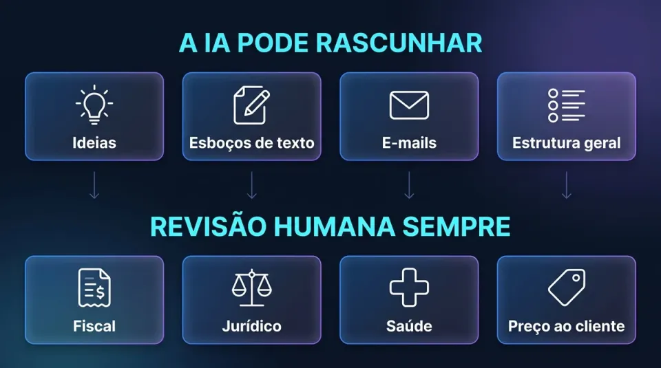 iagrama das quatro áreas que exigem revisão humana sempre em texto de IA: fiscal, jurídico, saúde e preço ao cliente