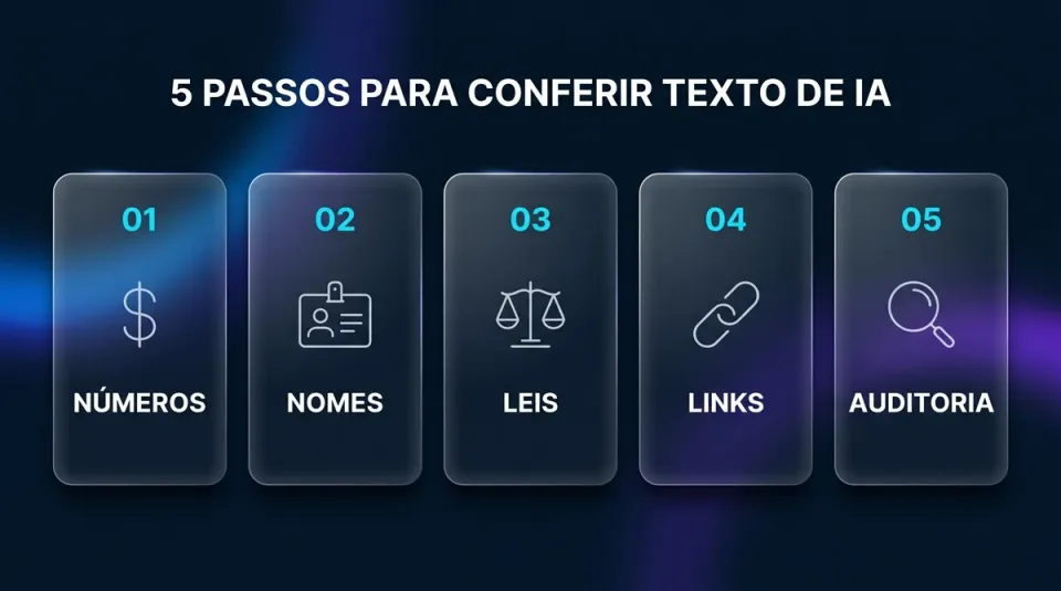 Infográfico com cinco cards mostrando o checklist para conferir texto de IA: números, nomes, leis, links e auditoria